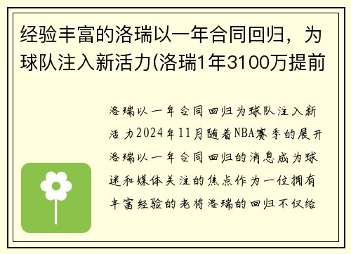 经验丰富的洛瑞以一年合同回归，为球队注入新活力(洛瑞1年3100万提前续约)