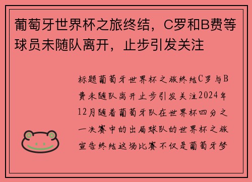 葡萄牙世界杯之旅终结，C罗和B费等球员未随队离开，止步引发关注