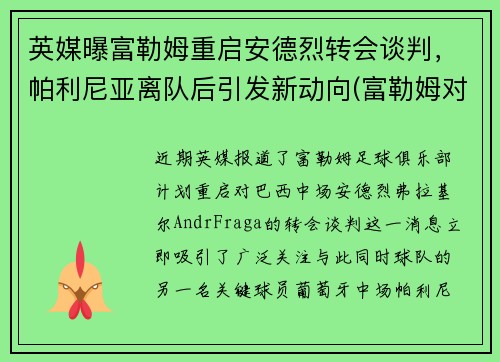 英媒曝富勒姆重启安德烈转会谈判，帕利尼亚离队后引发新动向(富勒姆对利兹)