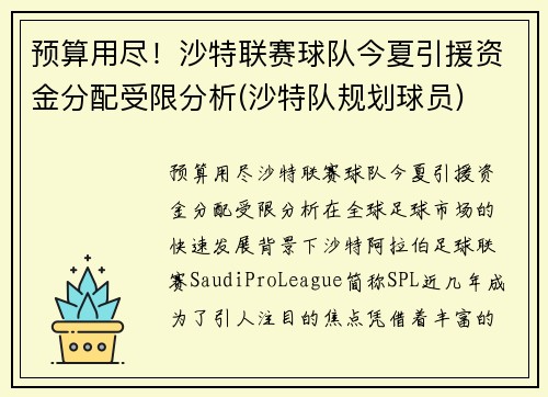 预算用尽！沙特联赛球队今夏引援资金分配受限分析(沙特队规划球员)